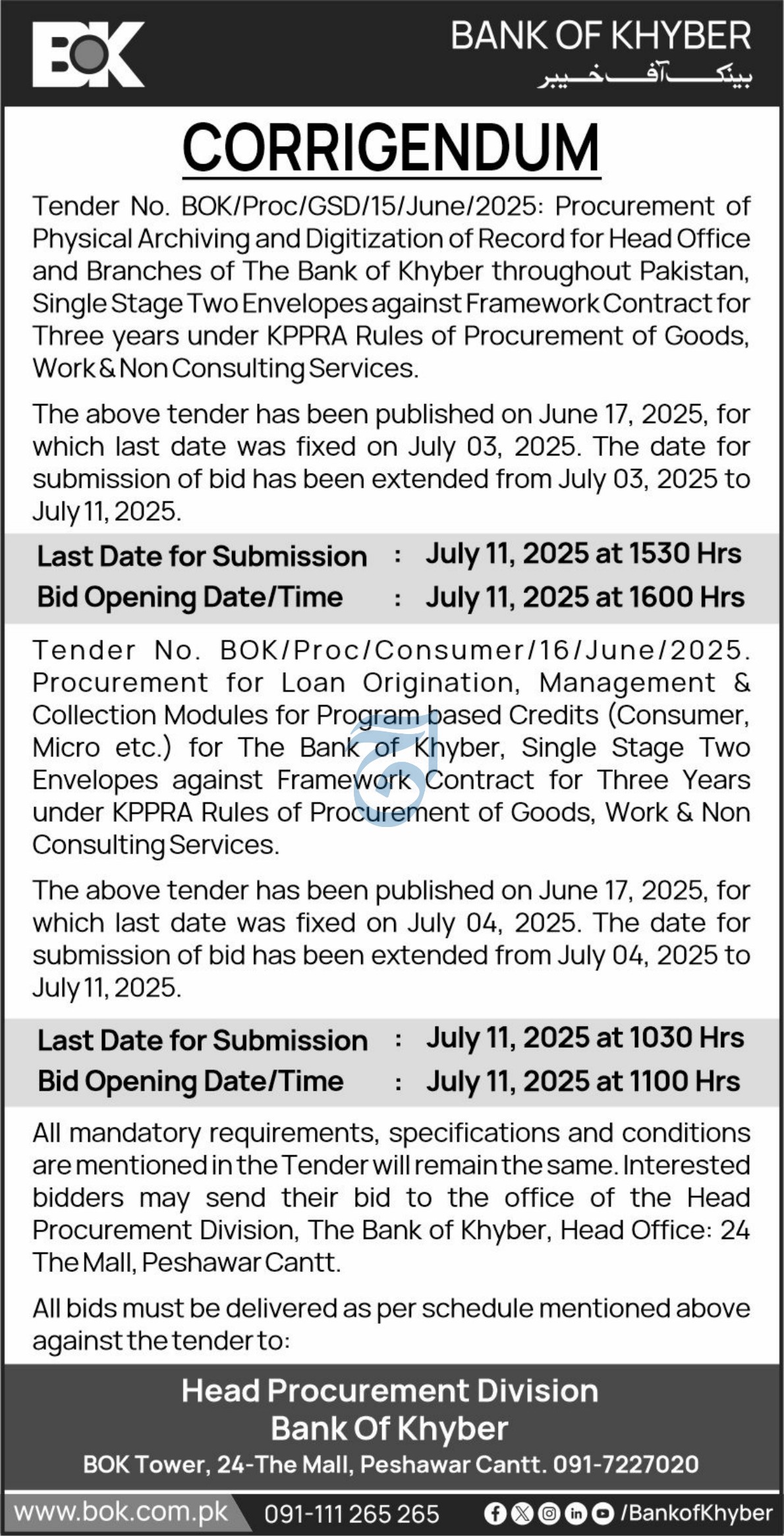 Bank of Khyber Peshawar Tender Notice